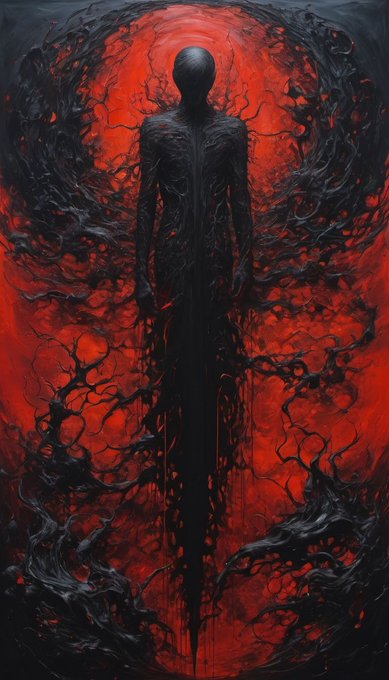 A dark, tall humanoid figure stands surrounded by swirling black tendrils against a vibrant red background in a surreal, ominous illustration.