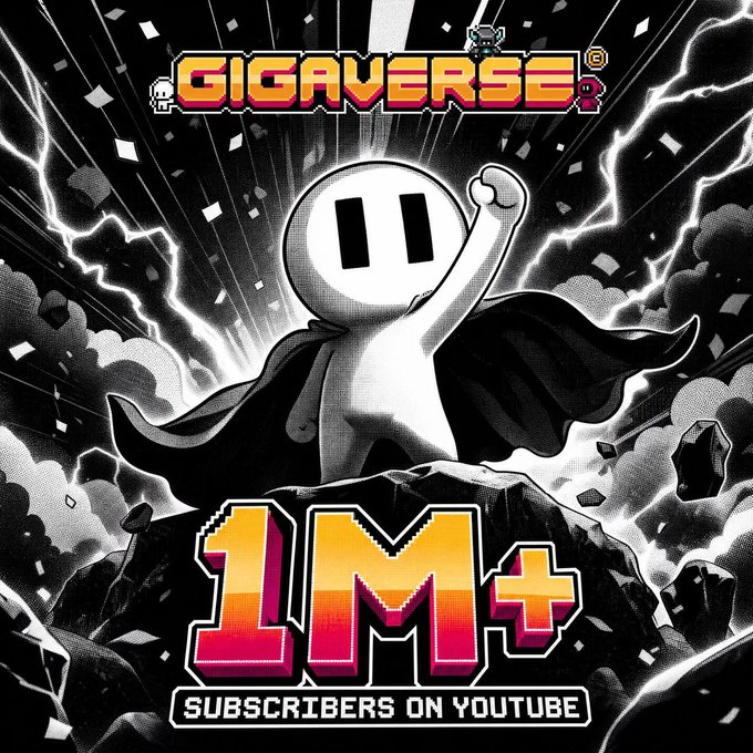 The image features a white character with a cape standing on top of a rock, surrounded by lightning bolts. The caption below the image reads "Massive congratulations to @playgigaverse for reaching 1M+ Subscribers on Youtube!".