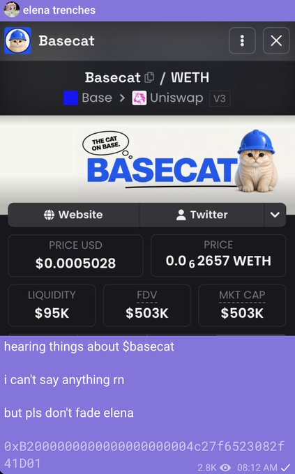 A Telegram post by "elena trenches" discusses hearing about $Basecat, sharing its token contract address and revealing a Base/Uniswap V3 token page showing Basecat at a $503K market cap, $0.0005028 USD price, and $95K liquidity, illustrating her early call on the token at a low market cap before its alleged 160x run.