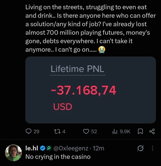 A social media post shows a tweet expressing despair over financial losses, featuring an image displaying a 'Lifetime PNL' of '-37.168,74 USD' in red text.