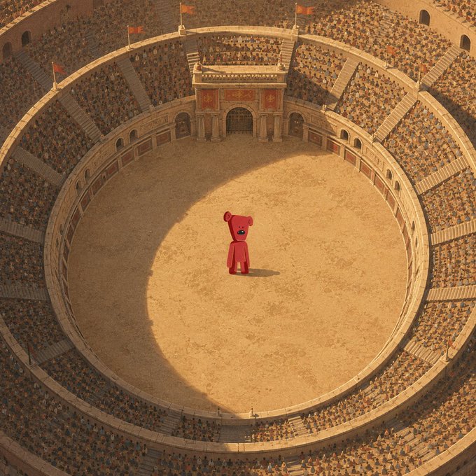 A small red bear stands alone in the center of a packed Roman-style colosseum arena, illuminated by a spotlight as thousands of spectators fill the surrounding tiered seating beneath colorful banners. The scene evokes the anticipation of an NFT mint event on @inkonchain, with the bear positioned as the featured "drop" awaiting its audience's arrival.