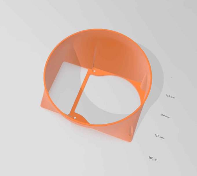 A 3D rendering of an orange circular industrial component or mold with a divided interior, shown against a light gray background with measurement labels ranging from 800mm to 950mm.