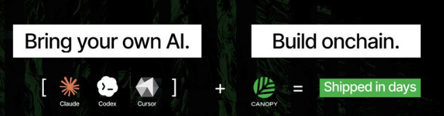 A promotional graphic with the text 'Bring your own AI. Build onchain. Shipped in days,' featuring logos for Claude, Codex, Cursor, and Canopy.