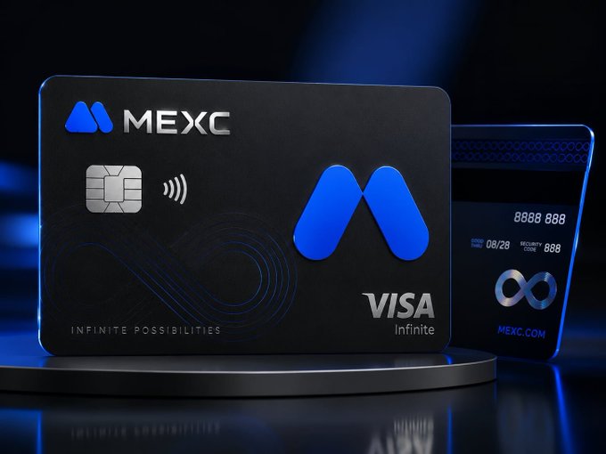 A promotional product image displays two black MEXC Visa Infinite credit cards with blue logos and the tagline 'INFINITE POSSIBILITIES', featuring one card with a chip and contactless symbol in the foreground.