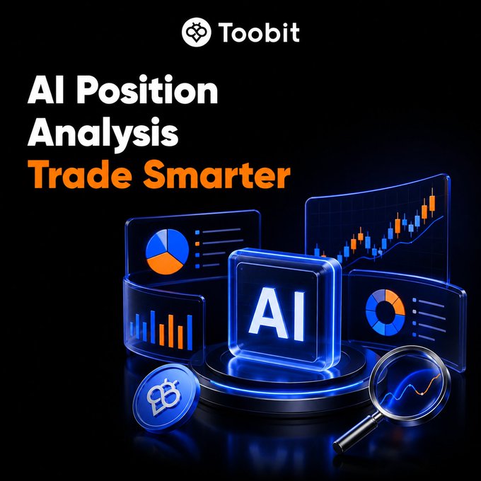 A digital promotional graphic for Toobit featuring the text "AI Position Analysis - Trade Smarter" alongside 3D-rendered trading elements, including candlestick charts, pie charts, bar graphs, a magnifying glass, a cryptocurrency token, and a central glowing cube labeled "AI." The visual reinforces the post's message of using AI-powered tools for personalized, efficient crypto portfolio insights.