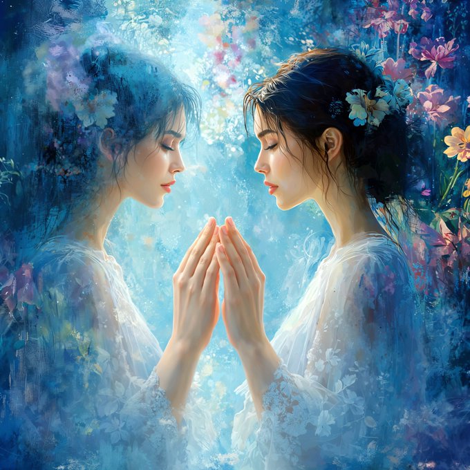 A dreamy, ethereal painting of two women facing each other with their hands pressed together in prayer, surrounded by soft blue and floral tones.