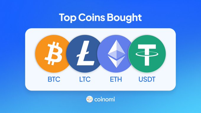 The image shows a Coinomi graphic titled "Top Coins Bought" featuring four cryptocurrency logos: BTC (Bitcoin), LTC (Litecoin), ETH (thereum), and USDT (Tether). It relates to the post by highlighting Coinomi Wallet's featured top purchased cryptocurrencies, tying into the "second place" reference as a promotional showcase of the wallet's popular coin offerings.