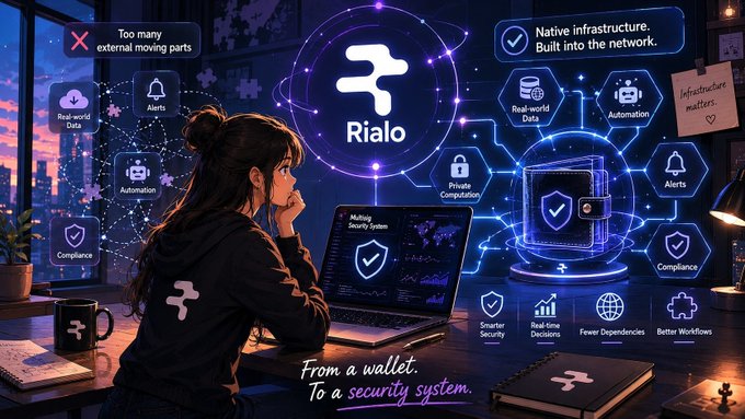 The image features a woman sitting at a desk with her laptop open in front of her. The background shows a computer screen displaying various icons related to security and privacy. The caption below the image reads "From a wallet. To a security system." This suggests that the woman might be discussing or exploring the concept of using blockchain technology for security purposes, such as protecting personal information or securing transactions.