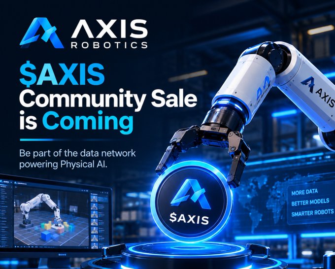 An advertisement for Axis Robotics announces that a '$AXIS Community Sale is Coming,' featuring a robotic arm holding a glowing token.