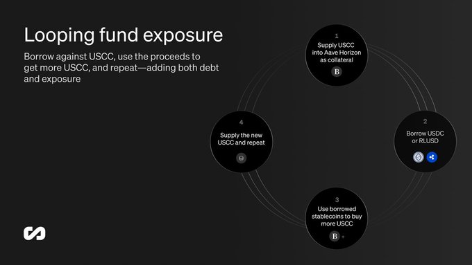 A dark-themed infographic titled 'Looping fund exposure' explaining how to borrow against USCC into Aave Horizon, detailing a 4-step cyclical process (Supply USCC, Borrow USDC or RLIUSD, Use borrowed stablecoins, Supply the new USCC).