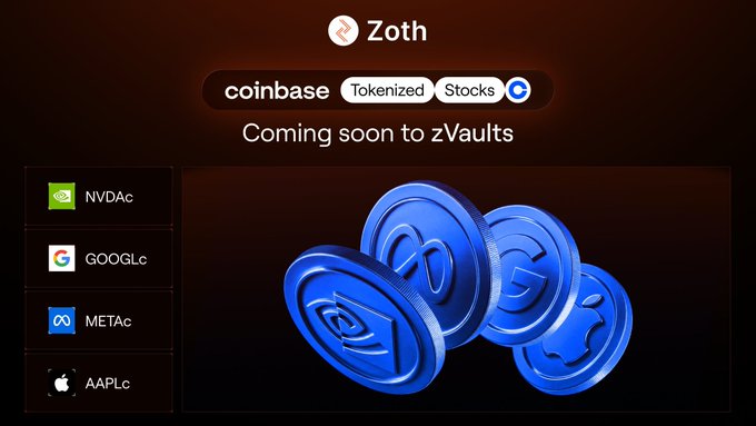 A Zoth promotional image announcing that Coinbase tokenized stocks (NVDAc, GOOGLc, METAc, AAPLc) are coming soon to zVaults.