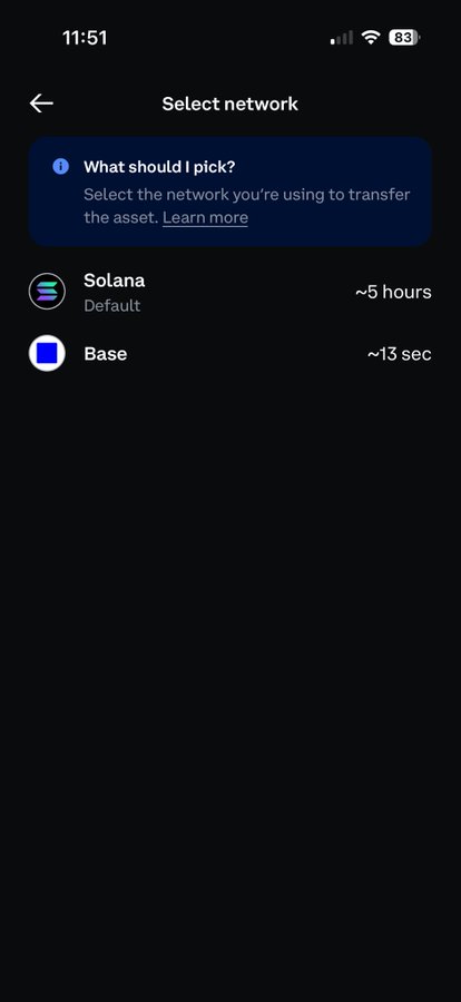 Mobile app screen titled 'Select network' showing transfer options between Solana (~5 hours) and Base (~13 sec) with a help prompt 'What should I pick?'