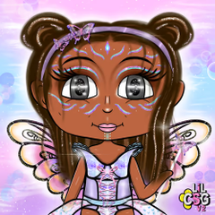 A cartoon chibi-style character with brown skin, dark hair in double buns, large expressive eyes, butterfly wings, and white face/body paint patterns, labeled 'Hi Cupid'.