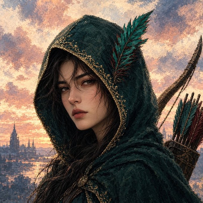 A fantasy-style digital portrait depicts a hooded female archer carrying a quiver of arrows, with a distant castle beneath a dramatic sunset sky.