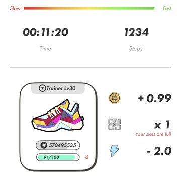 The image shows a screenshot of a fitness tracking app that displays information about a pair of colorful sneakers, including their price and the number of steps taken during a workout session. The app also provides a step-by-step guide for using the sneakers as part of a training program.