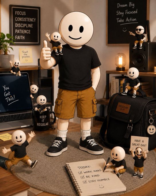 A digital illustration depicts a large 3D smiley face figure in a black t-shirt and cargo shorts giving a thumbs-up, surrounded by smaller smiley face figures in a room filled with motivational posters reading 'FOCUS CONSISTENCY DISCIPLINE PATIENCE FAITH' and a notepad listing 'WORK HARD, BE KIND, STAY HUMBLE'.