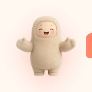 A 3D rendered illustration of a cute, smiling yeti-like character with raised arms against a soft pink and white background.