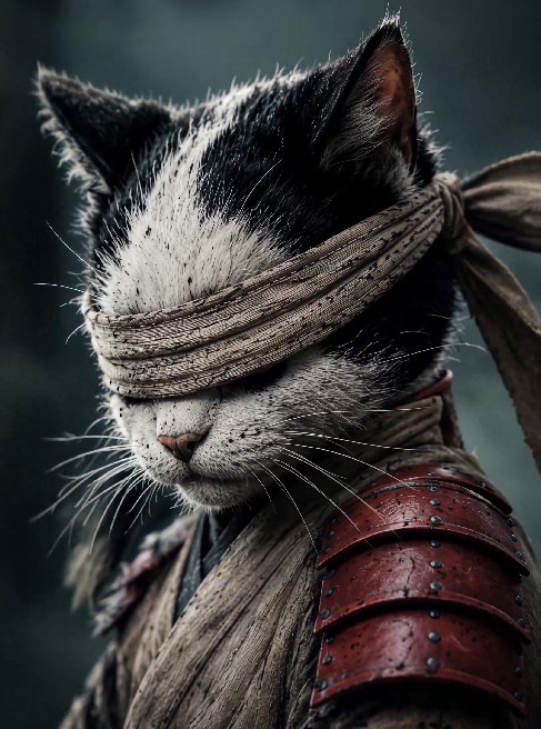 A blindfolded samurai cat, equipped with traditional warrior armor, gazes forward with composure — visually embodying the "Ryoshi Vision" of moving forward without a predetermined path or centralized direction. The blindfold symbolizes trust in the community and process, reflecting the post's theme of a leaderless, decentralized project guided by collective vision rather than a single authority.
