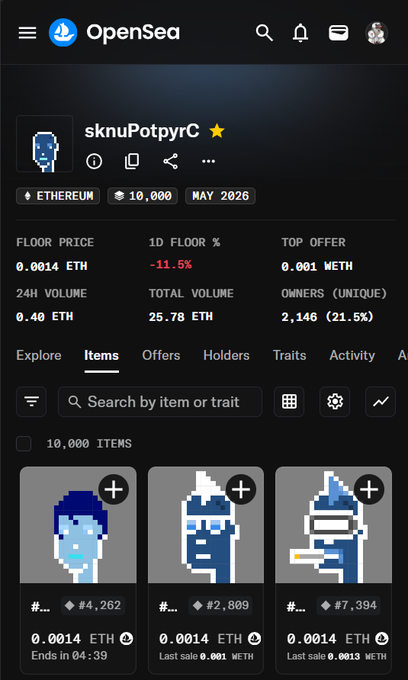 The image features an openSea page with a list of different characters displayed at various positions across the screen. Among them are a man and two girls who appear to be popular figures within the punk pixel art community. The website's description states that they have attracted a small but passionate community, with their volume already surpassing 25 ETH in just a few days. It also mentions that the community Discord is up and running, providing valuable information for collectors and enthusiasts interested in this niche. The main focus of the image appears to be these popular characters, while the details about the website's functionality are described at the bottom right corner.
