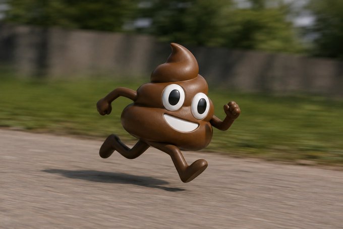 A 3D-rendered cartoon poop emoji with a smiling face and arms and legs runs along a dirt path in a grassy outdoor area.
