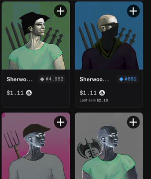 The image displays a grid of NFT character cards from the Sherwood collection, with two visible for sale at $1.11 each — one listed at #4,962 and another at #891 (last sale $2.18) — illustrating the post's point about the project's sharp price decline from a hyped $5 launch floor to roughly $1.11 currently.