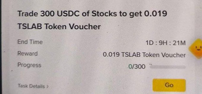 A screenshot of a crypto/stock trading task that says 'Trade 300 USDC of Stocks to get 0.019 TSLAB Token Voucher' with 1D:9H:21M remaining, progress at 0/300, and a 'Go' button.