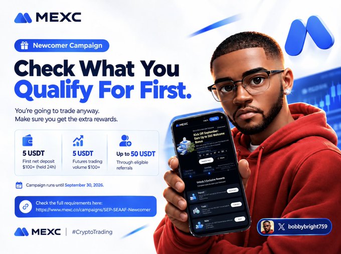 A promotional banner for MEXC cryptocurrency exchange featuring a man in a red hoodie holding a smartphone displaying the app. Text reads "Newcomer Campaign", "Check What You Qualify For First.", listing rewards of "5 USDT", "5 USDT", and "Up to 50 USDT", with a Twitter handle "@bobbybright759".