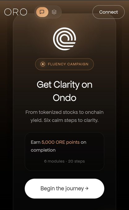A mobile app screen for 'ORO' displays a 'FLUENCY CAMPAIGN' titled 'Get Clarity on Ondo' with text about tokenized stocks and onchain yield, offering 5,000 ORE points on completion.