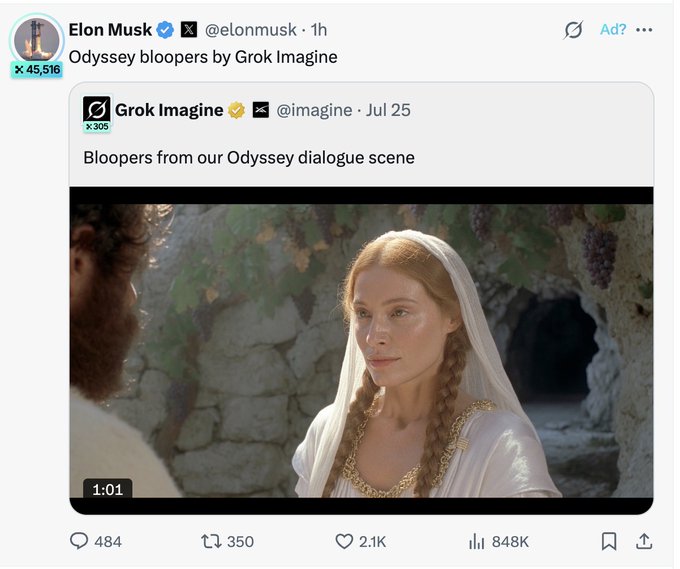 A screenshot of an X post by Elon Musk (@elonmusk) titled 'Odyssey bloopers by Grok Imagine,' quoting a post from Grok Imagine (@imagine) showing a blonde woman in a white dress in an ancient-looking setting with the caption 'Bloopers from our Odyssey dialogue scene.'