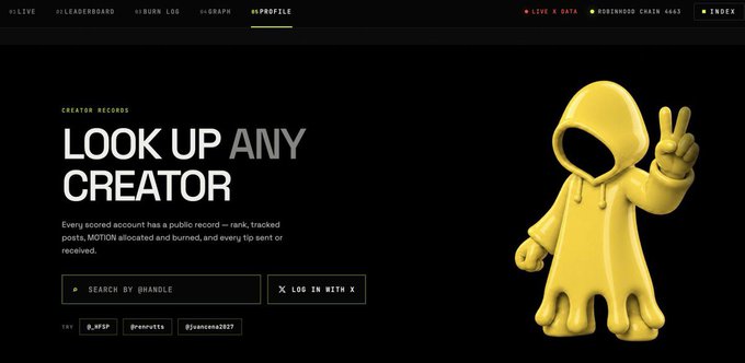 A dark-themed website page with the text 'LOOK UP ANY CREATOR' and a search bar, featuring a 3D yellow hooded figure making a peace sign on the right.