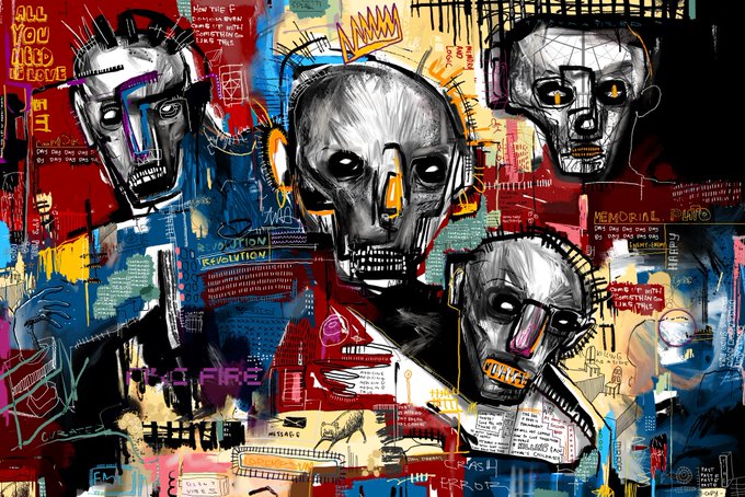 A vibrant, chaotic painting reminiscent of Jean-Michel Basquiat's style featuring multiple gray, skeletal figures surrounded by graffiti, text fragments, and bright splashes of red, blue, and yellow.