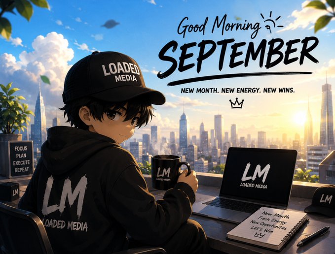 An anime-style illustration features a character in a black hoodie and 'LOADED MEDIA' cap holding a coffee mug, with text 'Good Morning SEPTEMBER - NEW MONTH. NEW ENERGY. NEW WINS.' overlaid on a cityscape background.