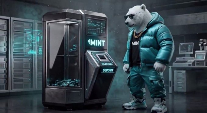 An anthropomorphic polar bear mascot wearing sunglasses, a gold chain, and a teal puffer jacket stands next to a 'MINT' branded vending machine with 'STARTING' and 'DEPOSIT' buttons.