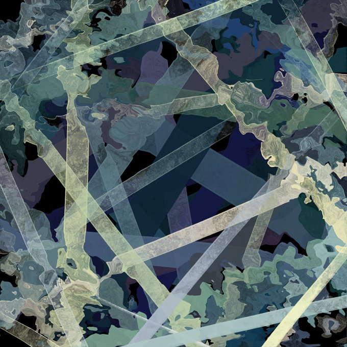 An abstract digital artwork featuring overlapping translucent geometric lines and shapes in shades of blue, teal, yellow, and purple.