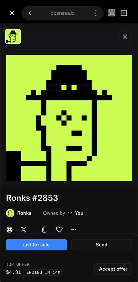 A screenshot from OpenSea showing a pixelated green character NFT titled "Ronks #2853" owned by "You," with a top offer of $4.31 ending in 14 minutes. The pixel art character appears to align with the @Ronkstar brand mentioned in the post, suggesting this NFT is part of the Ronkstar collection.
