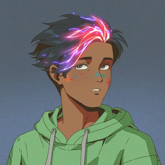 An animated illustration of a young man with dark hair, blue eyes, and colorful face paint wearing a green hoodie, featuring glowing pink and purple lightning-like effects in his hair.