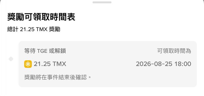 A screenshot in Traditional Chinese showing a reward claim schedule ('獎勵可領取時間表') for a total of 21.25 TMX rewards, with a claim time of 2026-08-25 18:00.