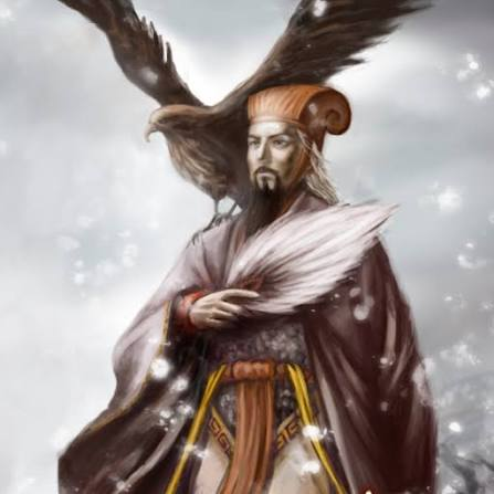 A digitally illustrated figure of a robed sage with an eagle perched behind him, holding a white feather fan, evokes a wise oracle foretelling fate. The image humorously portrays an authoritative "prophet" endorsing the post's call to short a stock and shill Litecoin, lending mythical gravitas to the crypto trade recommendation.