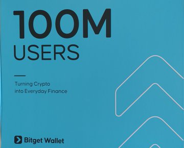 A Bitget Wallet promotional graphic with blue background reading '100M USERS - Turning Crypto into Everyday Finance.'