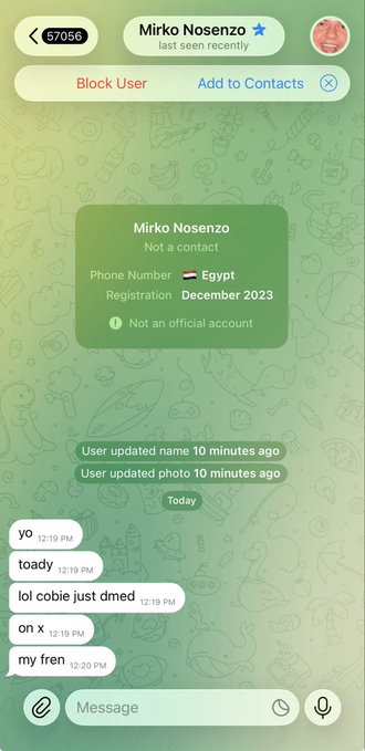 A Telegram chat screenshot with a user named 'Mirko Nosenzo' (Egypt phone number, registered December 2023) showing messages like 'yo', 'toady', 'lol cobie just dmed on x', and 'my fren'.