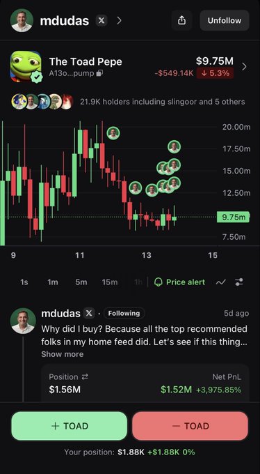 A trading app shows a memecoin called 'The Toad Pepe' at $9.75M with a -5.3% drop, alongside a post by 'mdudas' boasting a 3,975.85% profit on a $1.56M position.