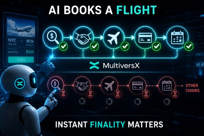 A promotional graphic for 'MultiversX' showing an AI robot and a flowchart titled 'AI BOOKS A FLIGHT' illustrating instant finality versus other chains.