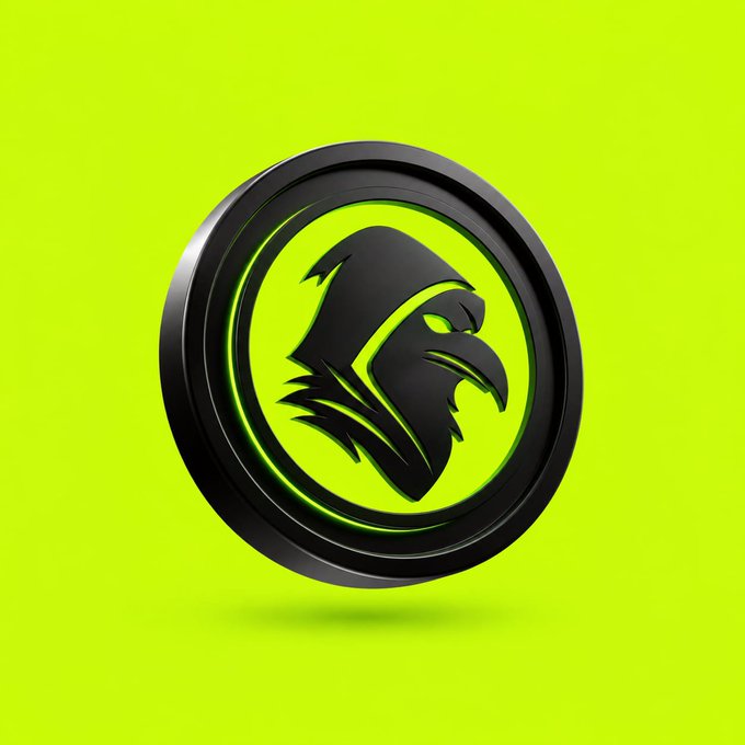 A 3D-rendered circular emblem featuring a stylized black hooded plague doctor or crow-like figure with a glowing green eye, set against a bright neon green background.