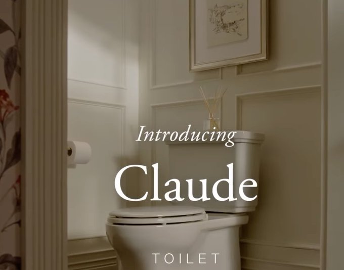 An elegant bathroom interior with a toilet and reed diffuser, overlaid with the text "Introducing Claude TOILET" as a humorous parody.