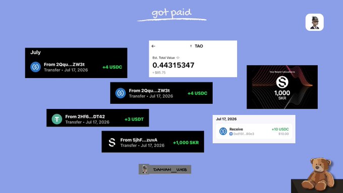 A 'got paid' payment dashboard screenshot showing crypto transactions in TAO, USDC, USDT, and SKR from July 17, 2026, with total TAO value of 0.44315347 ($85.75).