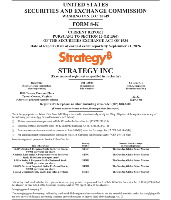 A U.S. Securities and Exchange Commission Form 8-K filing for Strategy Inc dated September 21, 2026, listing various preferred and common stock classes (STRF, STRC, STRK, STRD, MSTR).