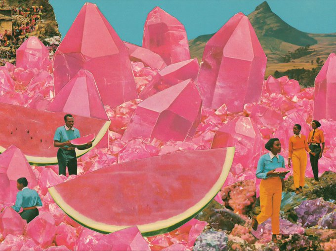 A vibrant surreal collage features people in colorful vintage attire amid oversized pink crystal formations, giant watermelon slices, and a teal mountainous backdrop. The dreamlike, pastel-hued artwork visually evokes the "sweet summer" theme of refreshing treats and bright aesthetics.