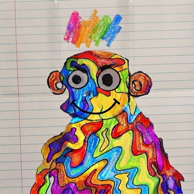 A colorful child's crayon drawing on lined notebook paper showing a smiling, multicolored monkey with rainbow scribbles above its head.