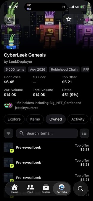 Screenshot of an NFT collection page for 'CyberLeek Genesis' by LeekDeployer on Robinhood Chain, showing a floor price of $6.45, 5,000 items, and pre-reveal items with top offers around $5.21.