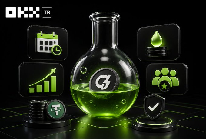 The image features the OKX TR logo alongside a glowing green flask containing a "G" coin, surrounded by icons representing trading metrics, growth, liquidity, users, and security—visually representing GRVT's structured event on the OKX Türkiye platform where user trading activity (not just task completion) drives rewards.